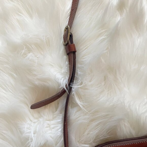 VTG Roots Red Brown Leather Cream Woven Canvas Crossbody Purse Bag - Picture 3 of 9